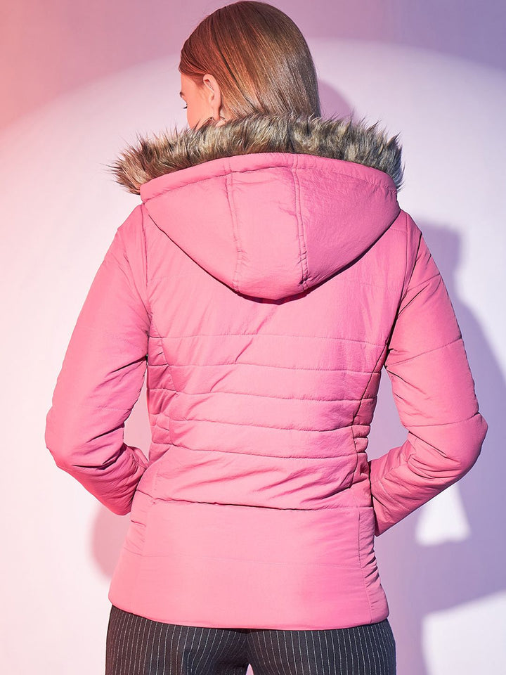 STREET 9 Pink Hooded Lightweight Faux Fur Trim Detailed Padded Jacket