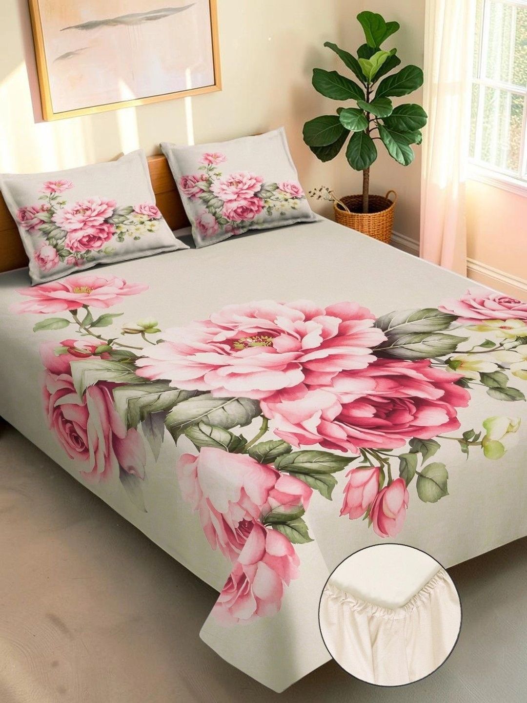 Moda Rapido X KLOTTHE Beige & Pink Floral 400 TC Cadar Katil King dengan 2 Sarung Bantal