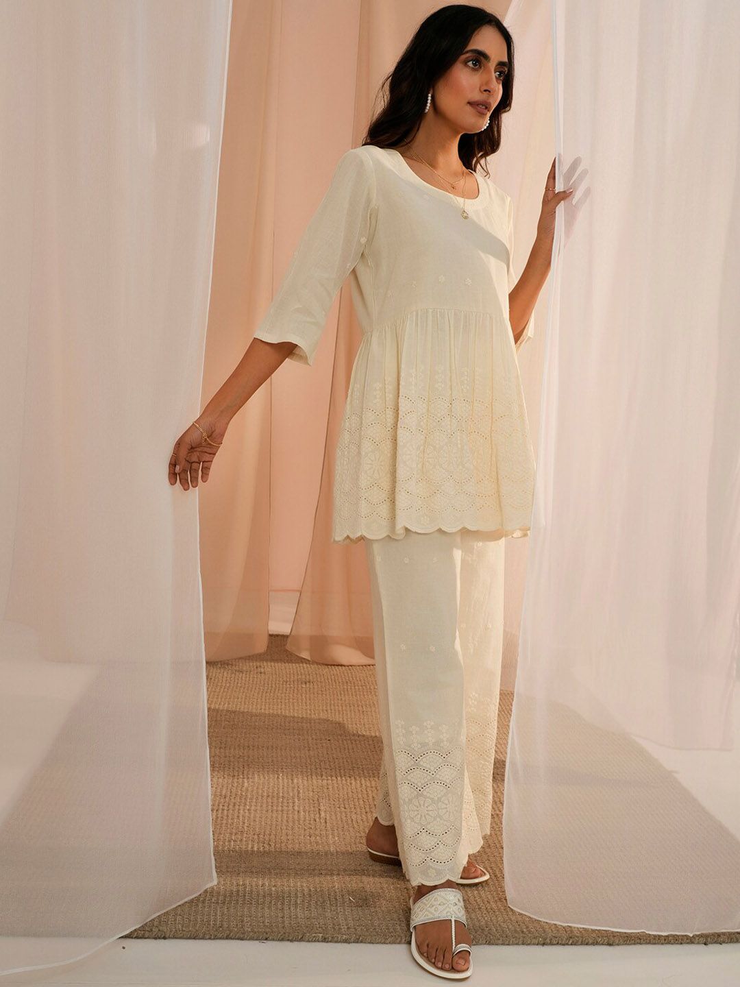 Libas Off White Self Design Round Neck Pure Cotton Flared Anarkali Kurta With Palazzo