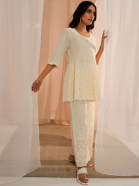 Libas Off White Self Design Round Neck Pure Cotton Flared Anarkali Kurta With Palazzo
