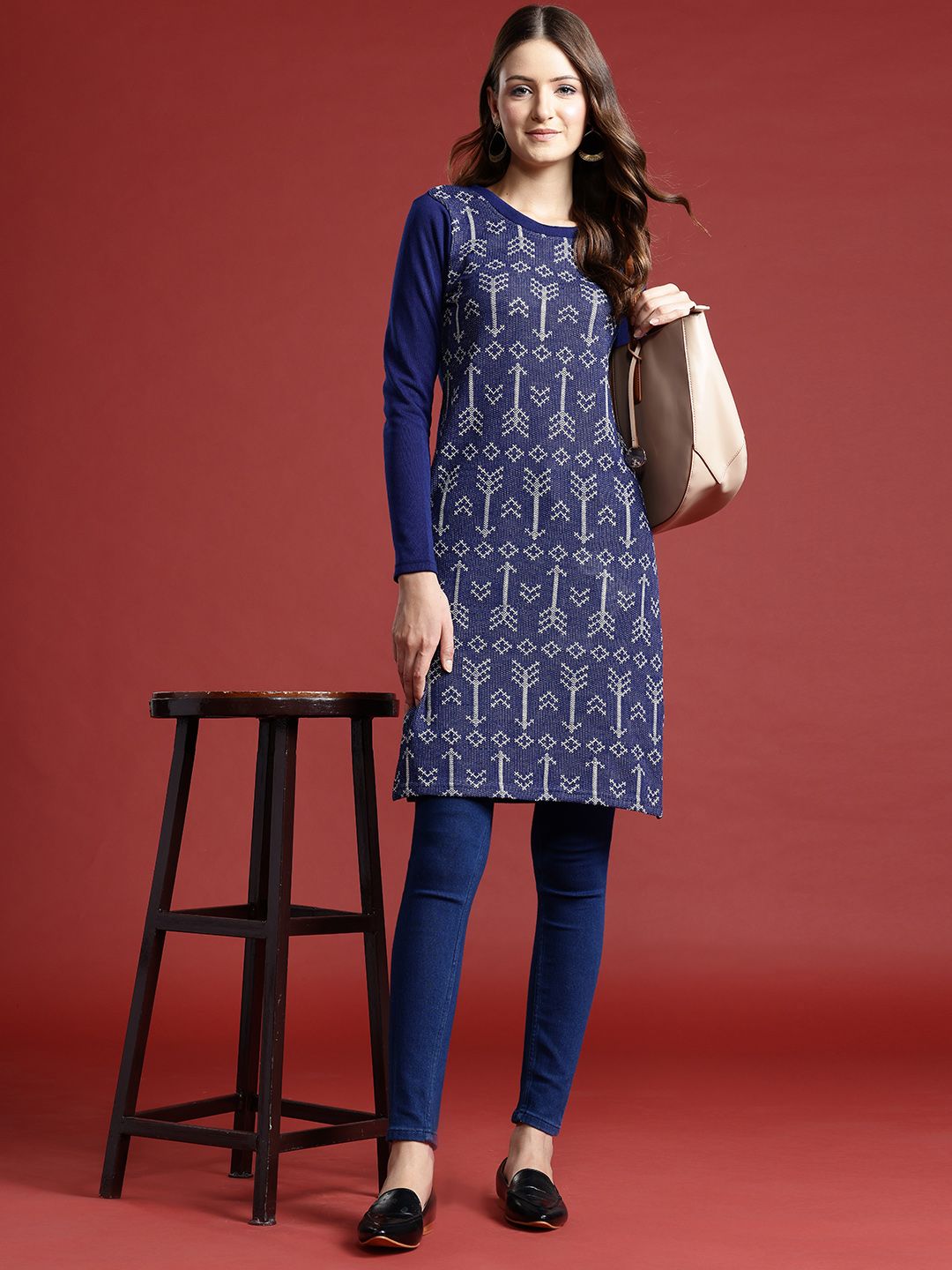Anouk Geometric Woven Design Winter Kurta