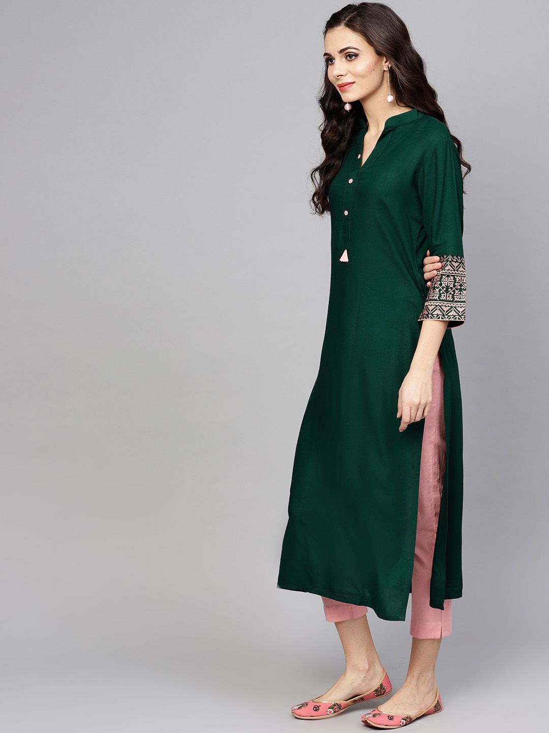 Libas Green Mandarin Collar Viscose Straight Kurta With Embroidered Sleeves