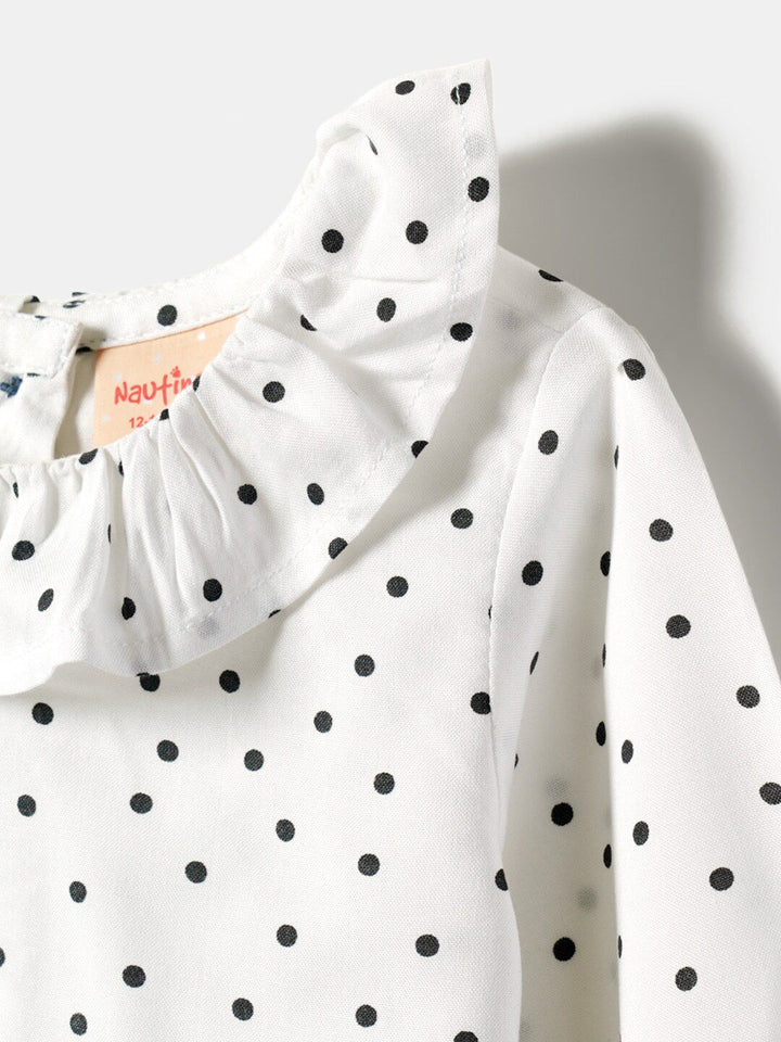 Nauti Nati Infant Girls Pure Cotton Pinafore Dress With Polka Dots Printed Ruffled Top