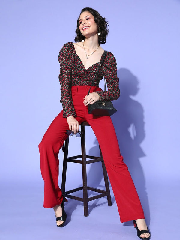 Berrylush Black Floral Print Sweetheart Neck  Wrap Top