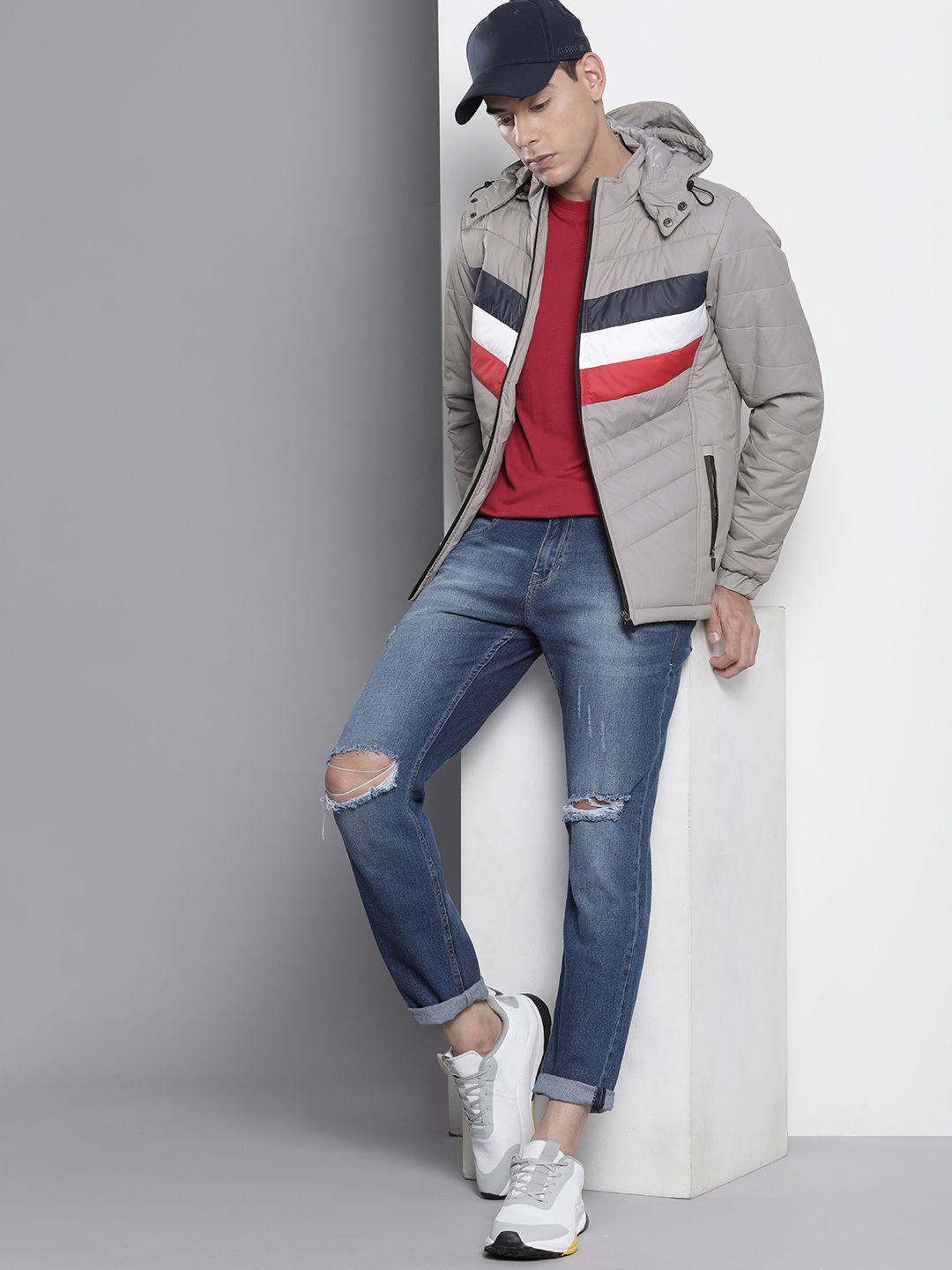 The Indian Garage Co Men Colourblock Puffer Jacket with Detachable Hood