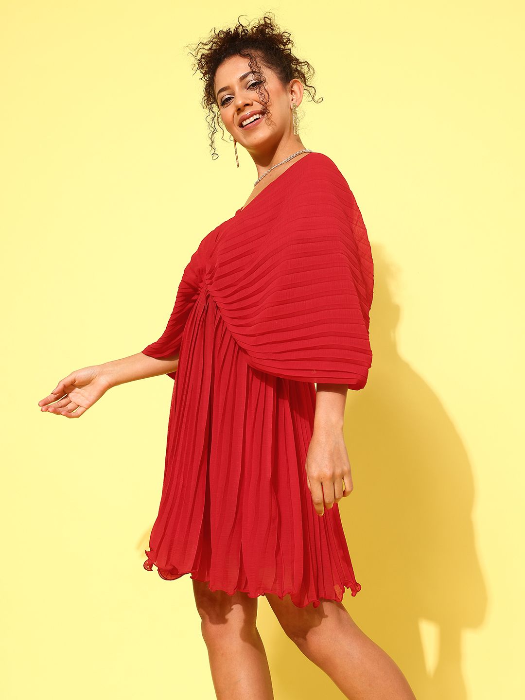 Antheaa Red Flared Sleeves Accordion Pleated Chiffon A-Line Dress