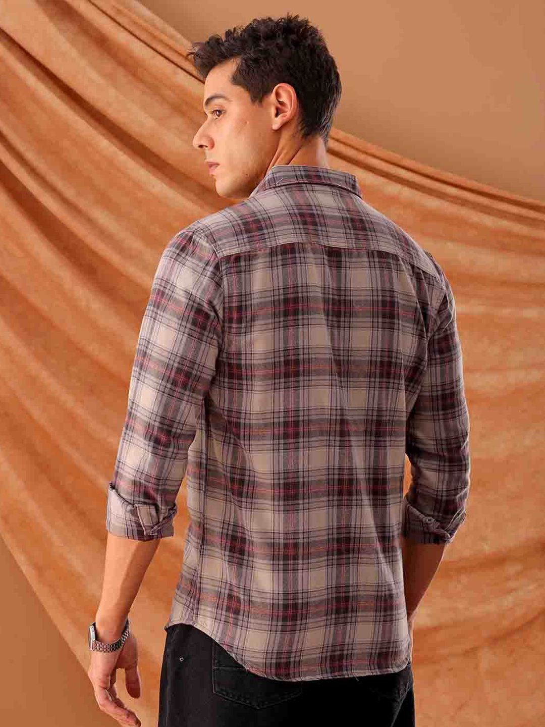 The Indian Garage Co. Spread Collar Slim Fit Tartan Checks Cotton Casual Shirt