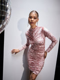 SASSAFRAS Pink High Neck Gathered Detail Velvet Bodycon Dress