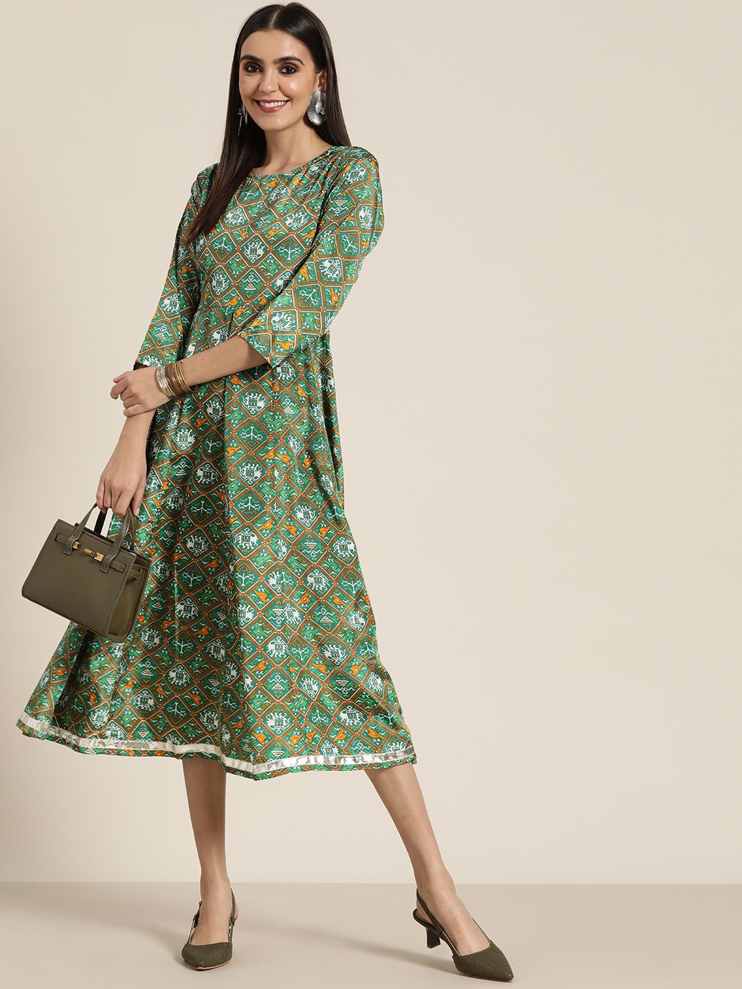 Shae by SASSAFRAS Green & White Ethnic Motifs Ethnic A-Line Midi Dress
