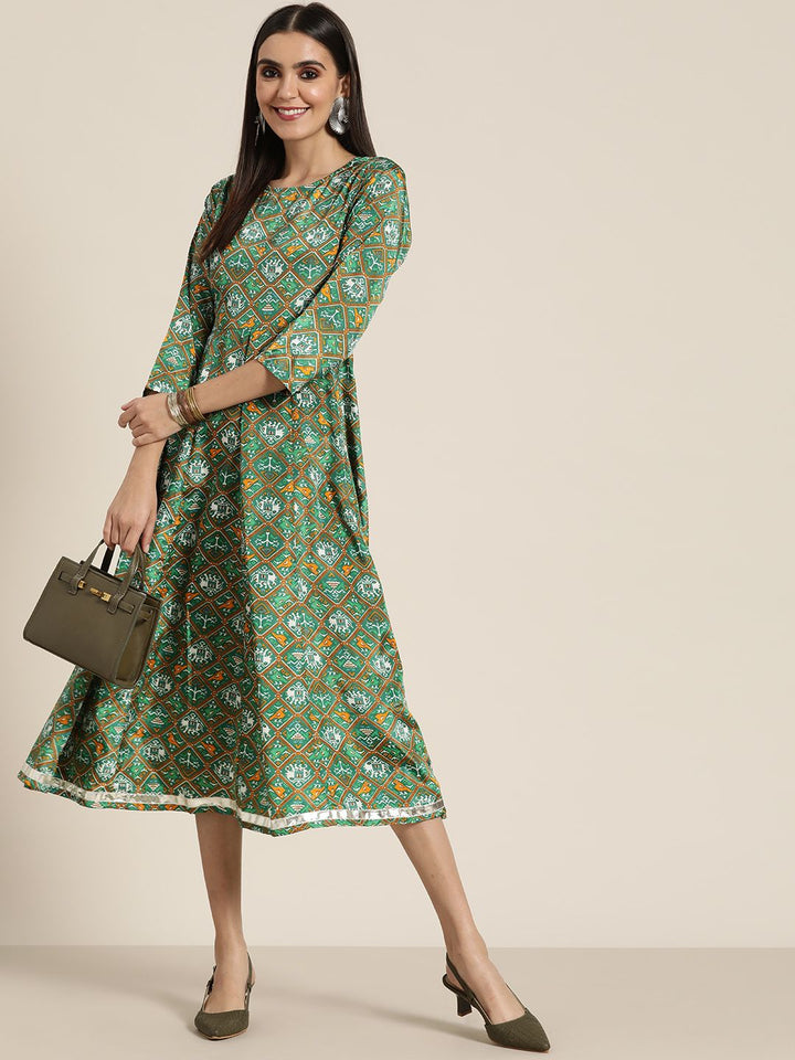 Shae by SASSAFRAS Green & White Ethnic Motifs Ethnic A-Line Midi Dress