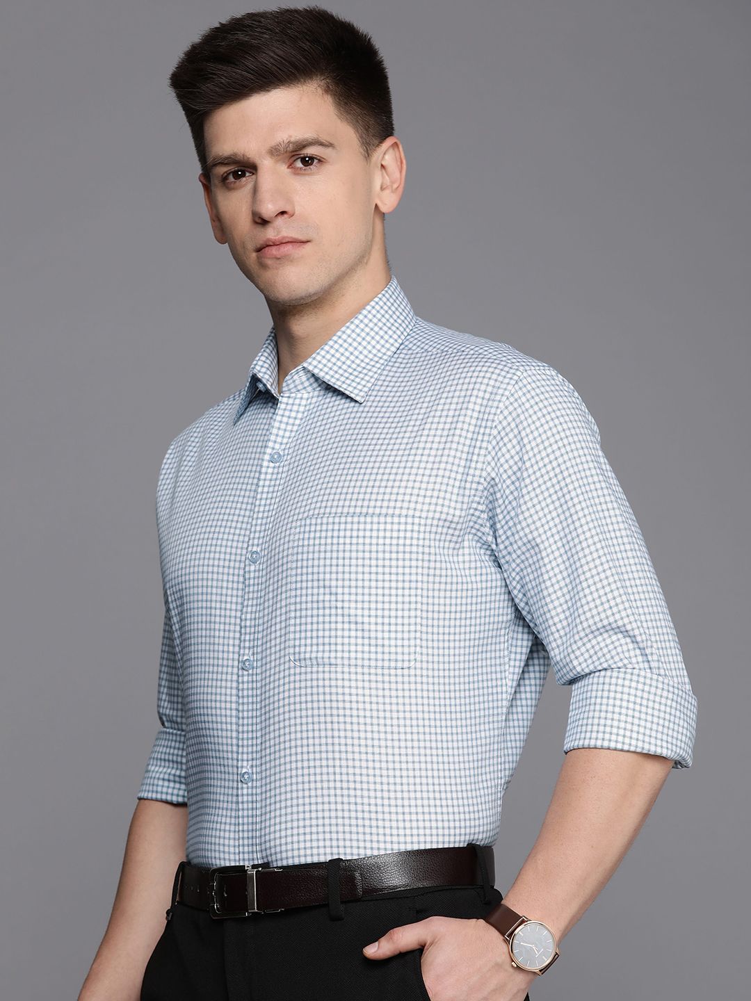 Raymond Men Slim Fit Micro Checks Pure Cotton Formal Shirt