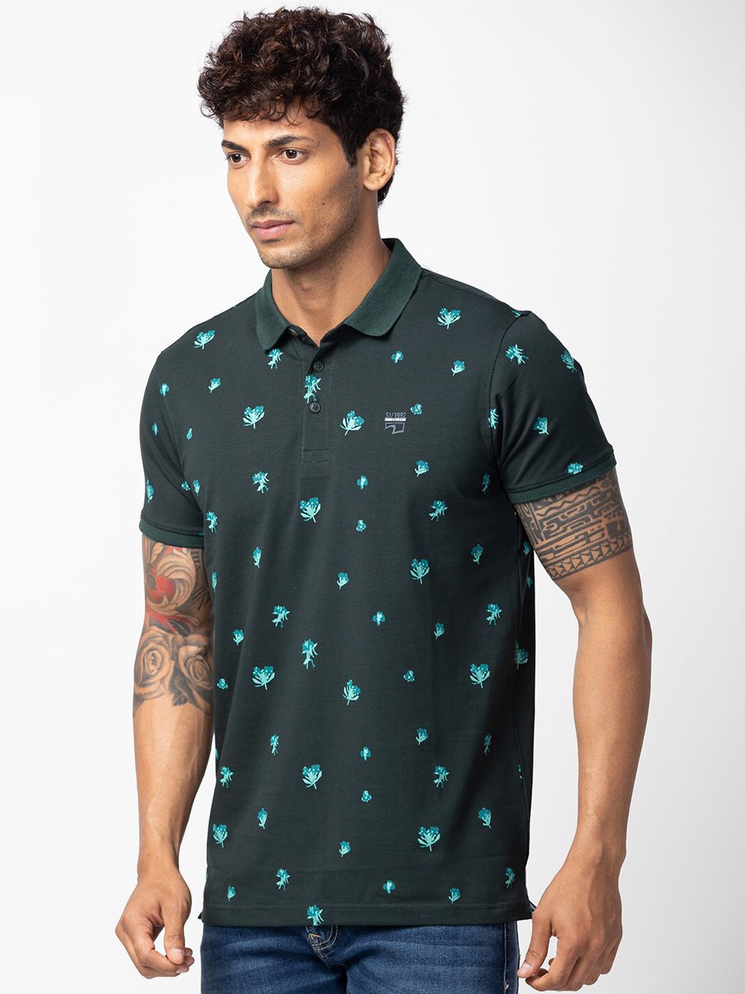 SPYKAR Men Floral Printed Polo Collar Slim Fit T-shirt