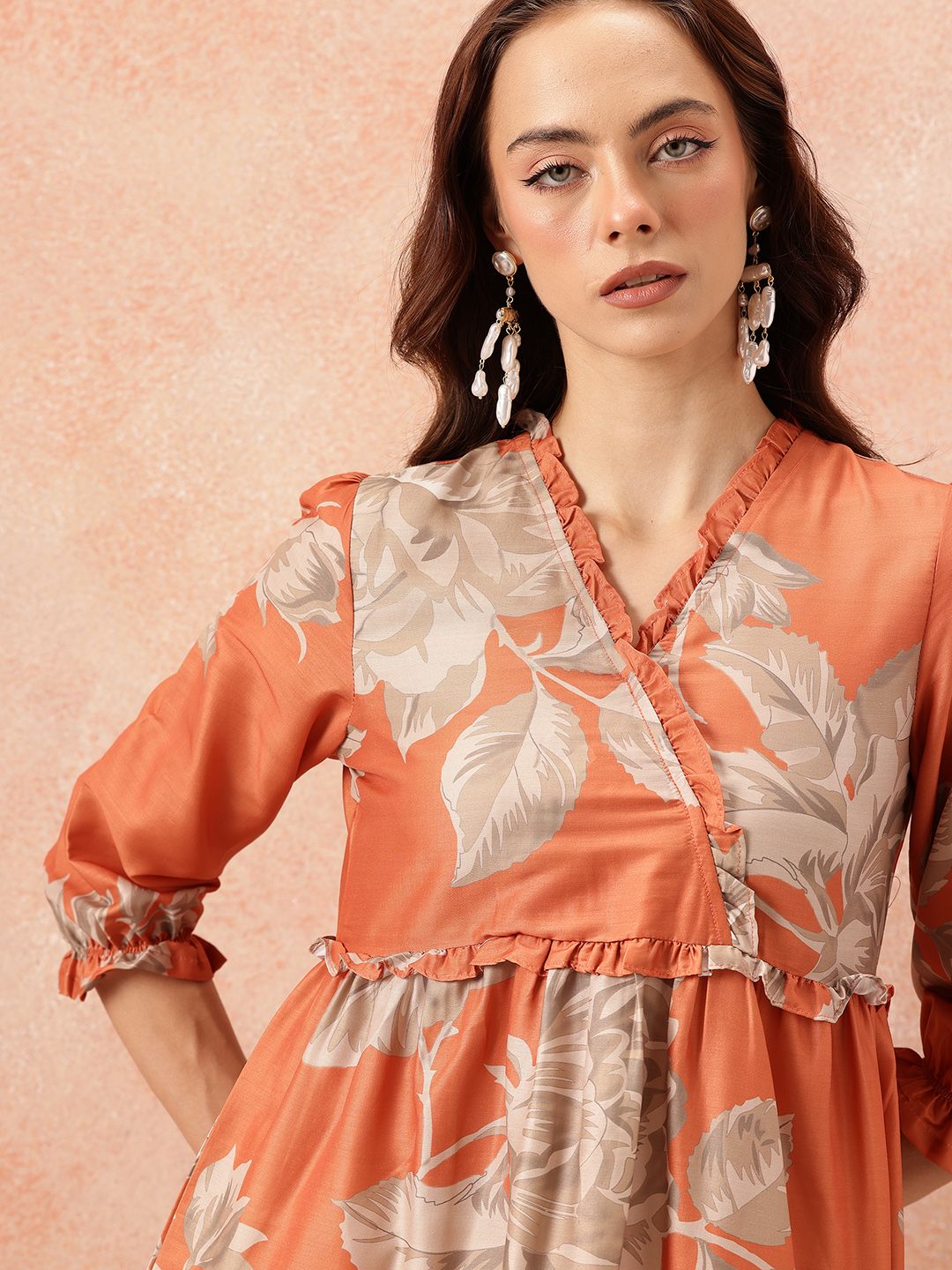 all about you Floral Printed Ruffled Detail Tiered Wrap-Style Midi Fit & Flare Dress