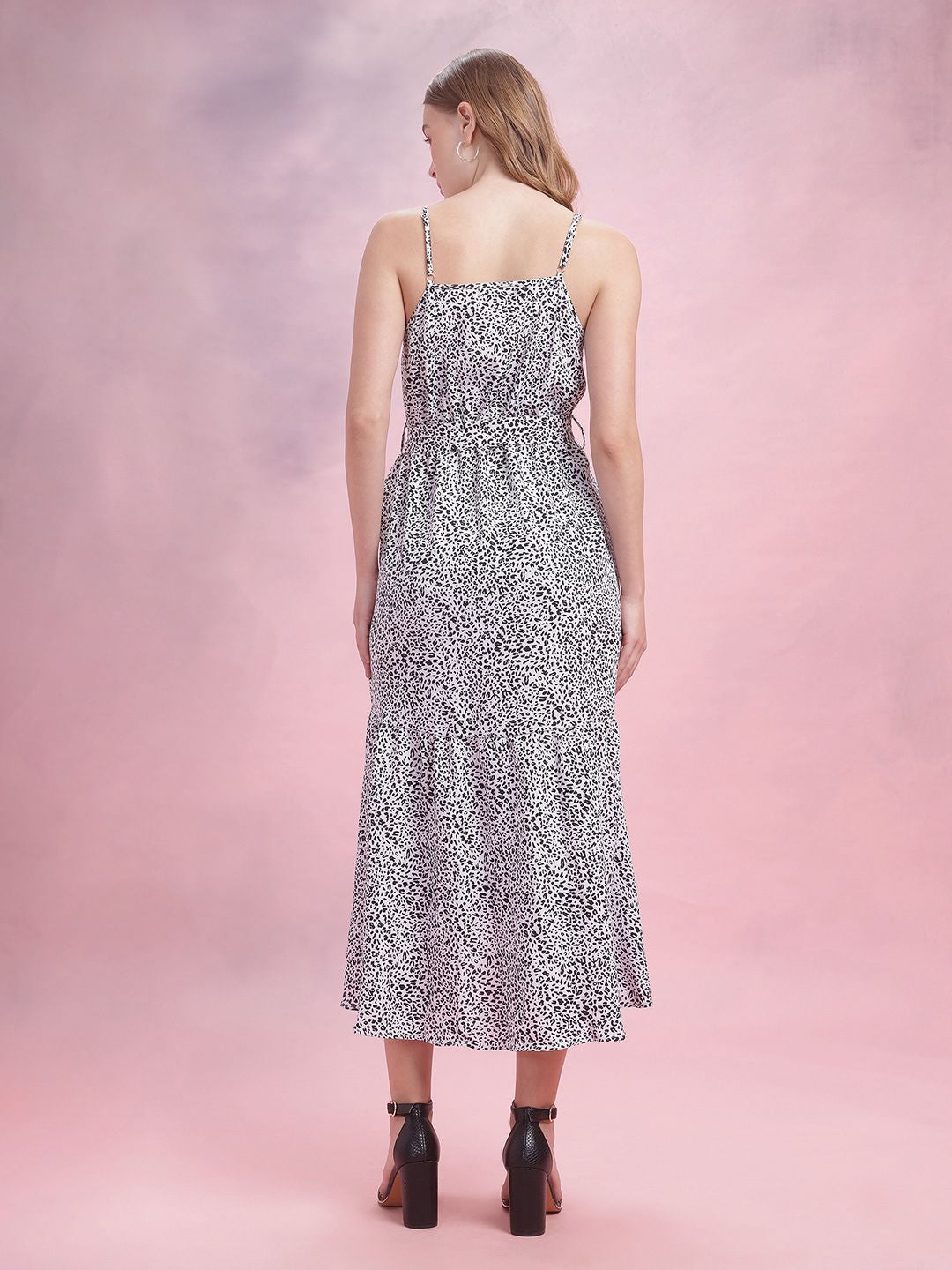 DressBerry Leopard Print Shoulder Straps Maxi Fit & Flare Wrap Dress with Belt