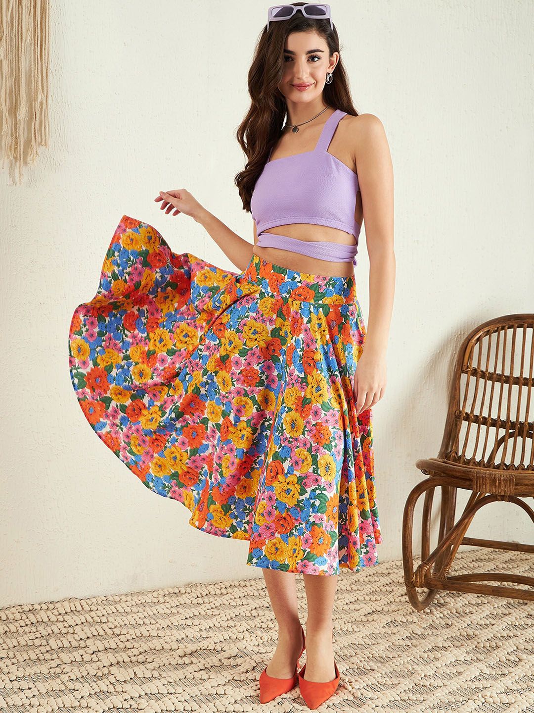 Berrylush Yellow Orange Floral Print Pleated A-Line Knee Length Skirt