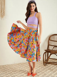 Berrylush Yellow Orange Floral Print Pleated A-Line Knee Length Skirt