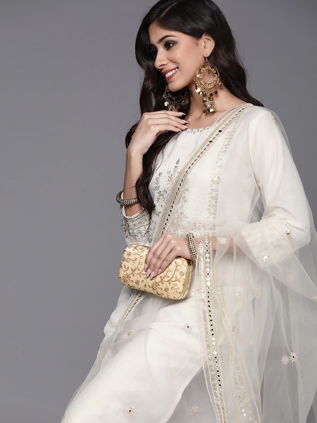 Indo Era Women White Ethnic Motifs Embroidered Kurta with Trousers & With Dupatta