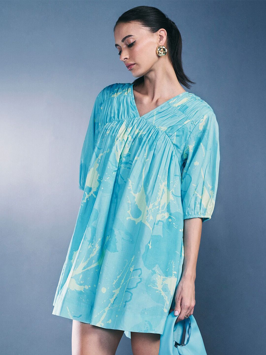 AND Floral Printed Puff Sleeve Pure Cotton A-Line Dress