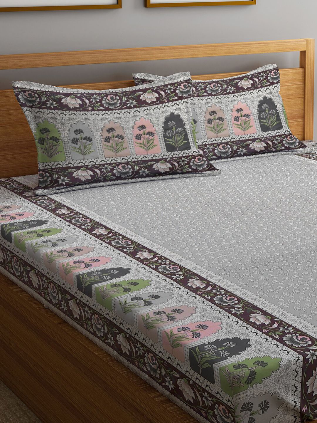 KLOTTHE Grey Ethnic Motifs Cotton 300 TC King Fine Bedsheet with 2 Pillow Covers-106 x 87 inches