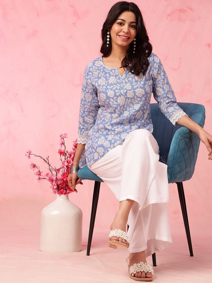 Anouk Blue Floral Printed Straight Pure Cotton Short Kurti