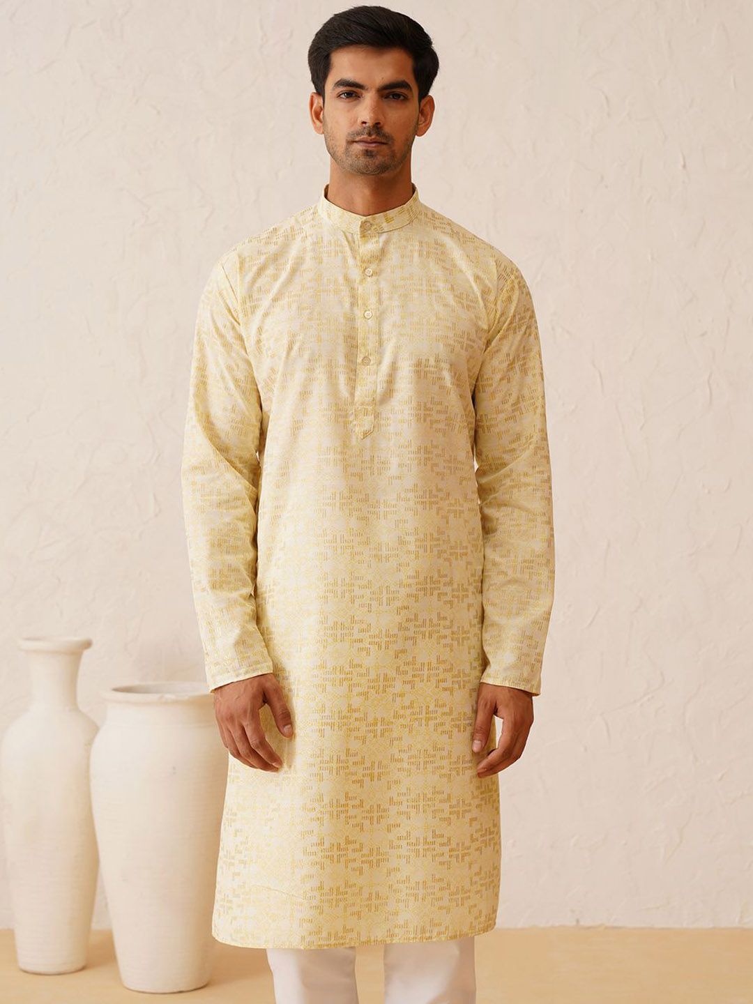 SOJANYA Band Collar Long Sleeves Woven Design Pure Cotton Straight Kurta with Churidar