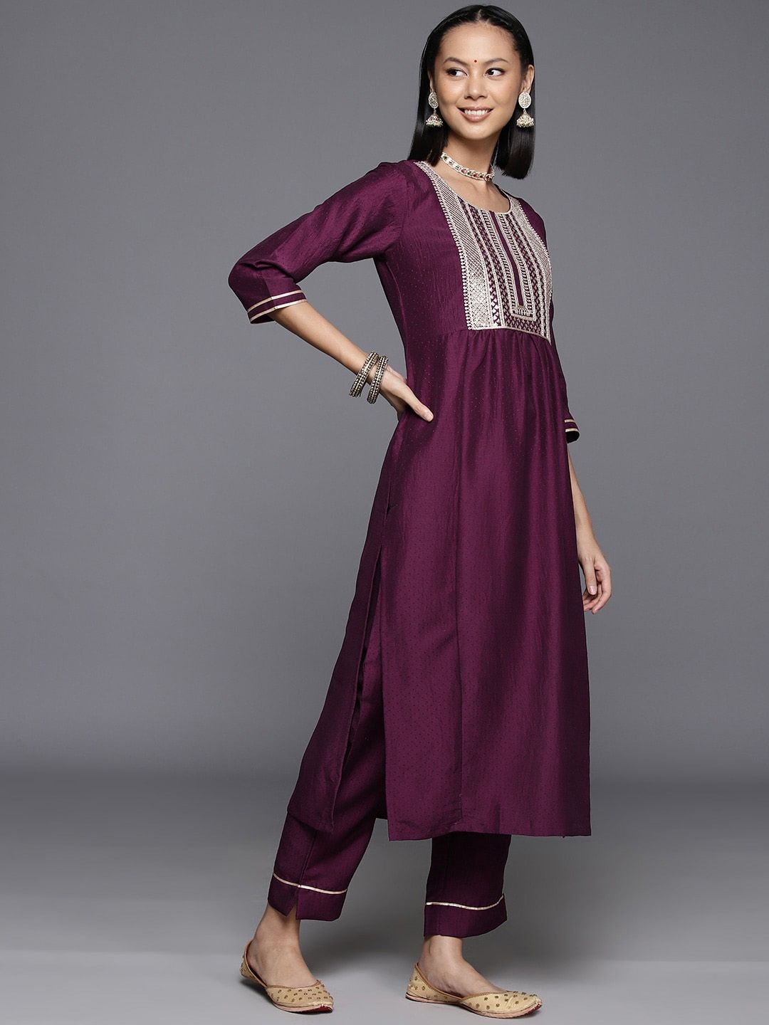 Varanga Ethnic Motifs Yoke Design Zari Sequined Kurta with Trousers & Dupatta