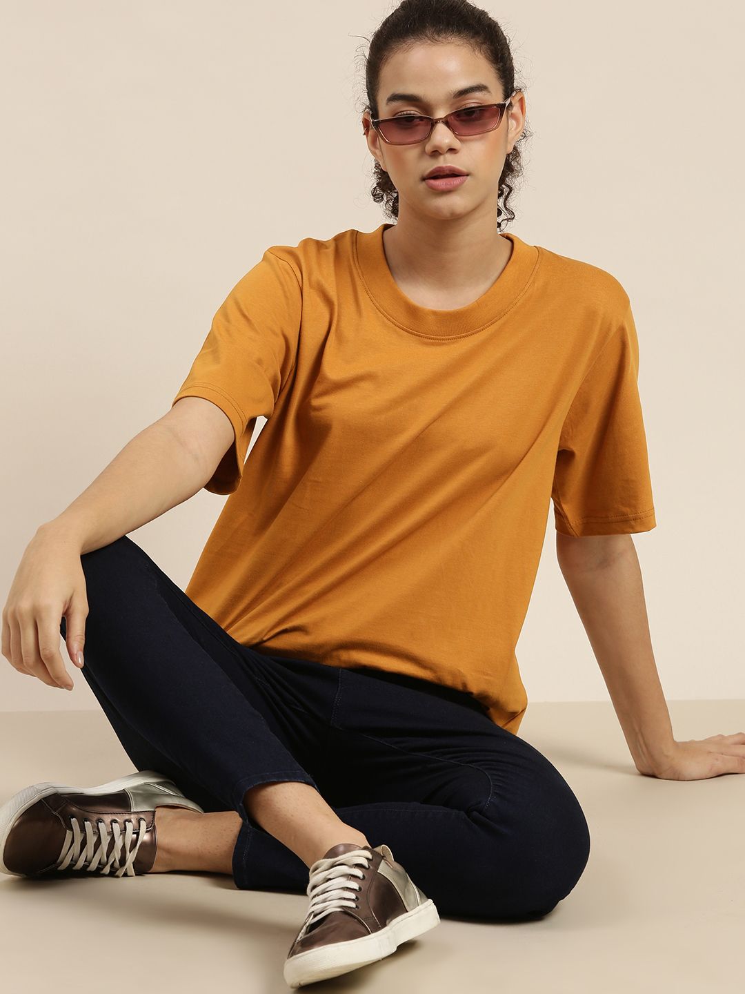 DILLINGER Women Mustard Yellow Pure Cotton Loose Pure Cotton T-shirt