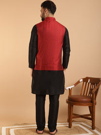 SOJANYA Men Black Jacquard Ethnic Motifs Woven Design Kurta with Churidar & Nehru Jacket