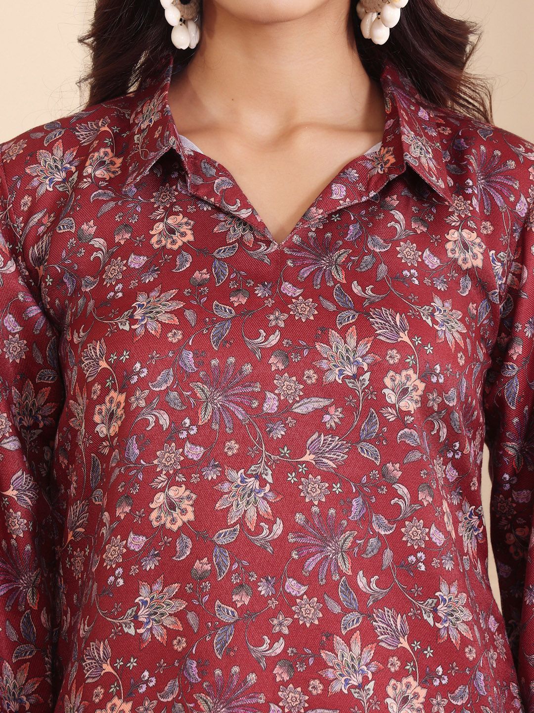 Varanga Floral Printed Shirt Collar Flared Sleeves Casual Tunic With Trousers