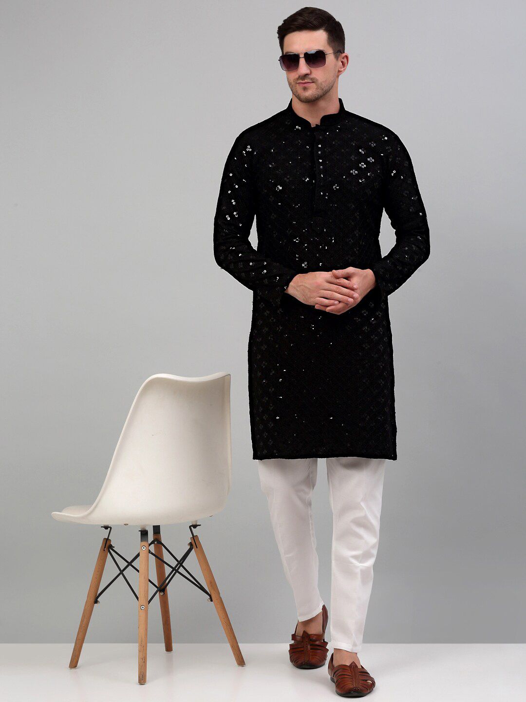 Jompers Mandarin Collar Embroidered Chikankari Straight Kurta With Pyjamas
