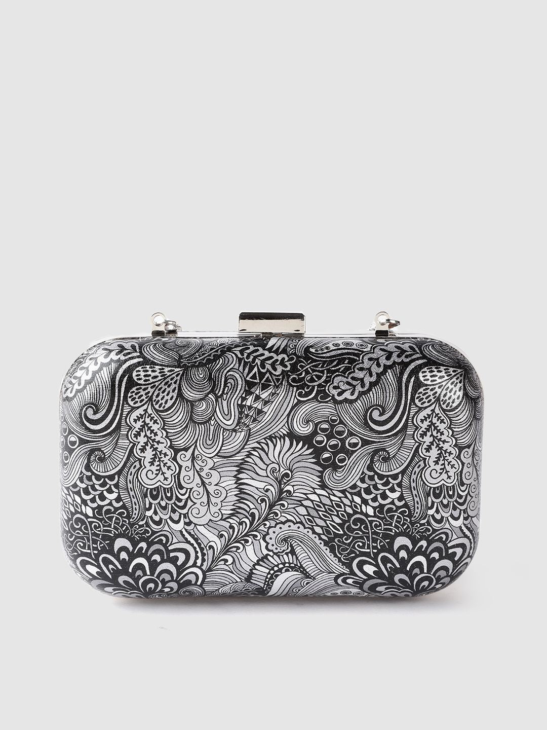 Lino Perros Black & Silver-Toned Printed Box Clutch with Detachable Sling Strap