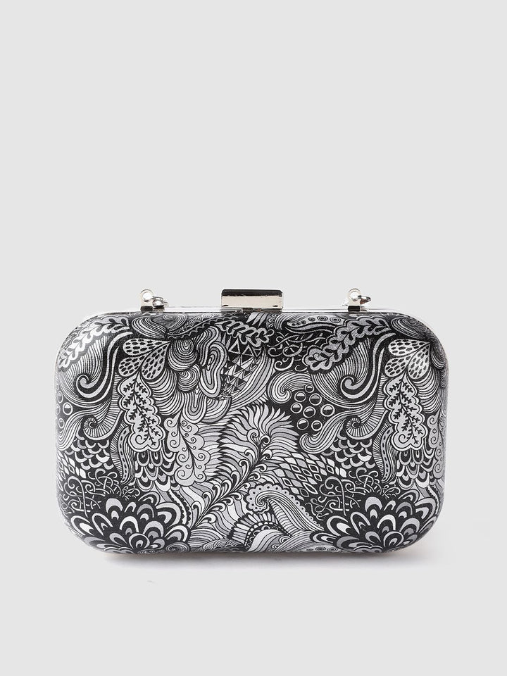 Lino Perros Black & Silver-Toned Printed Box Clutch with Detachable Sling Strap