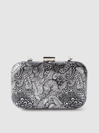 Lino Perros Black & Silver-Toned Printed Box Clutch with Detachable Sling Strap