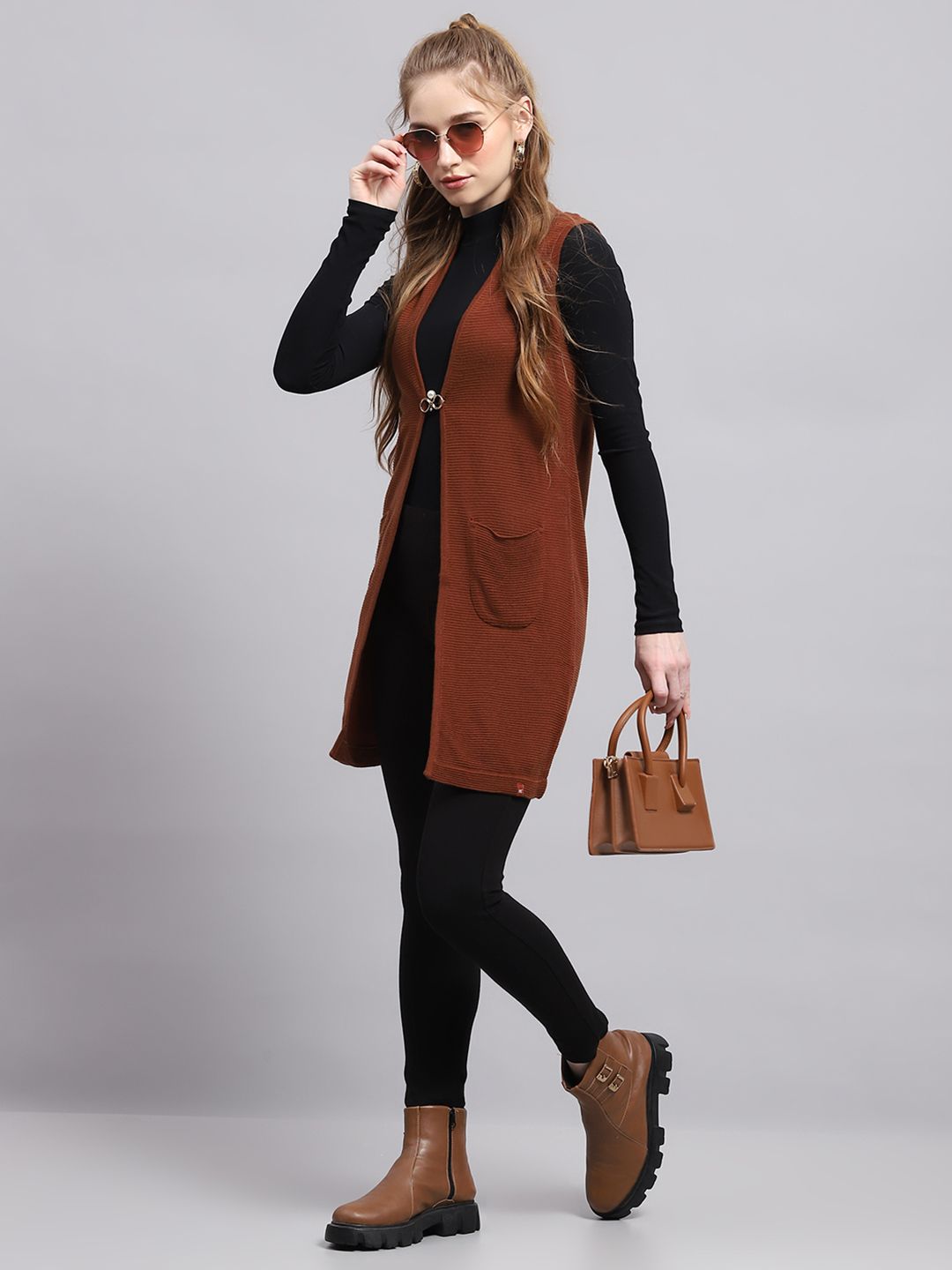 Monte Carlo Collarless Ribbed Front Open Longline Cardigan Sweater Comes With A Brooch