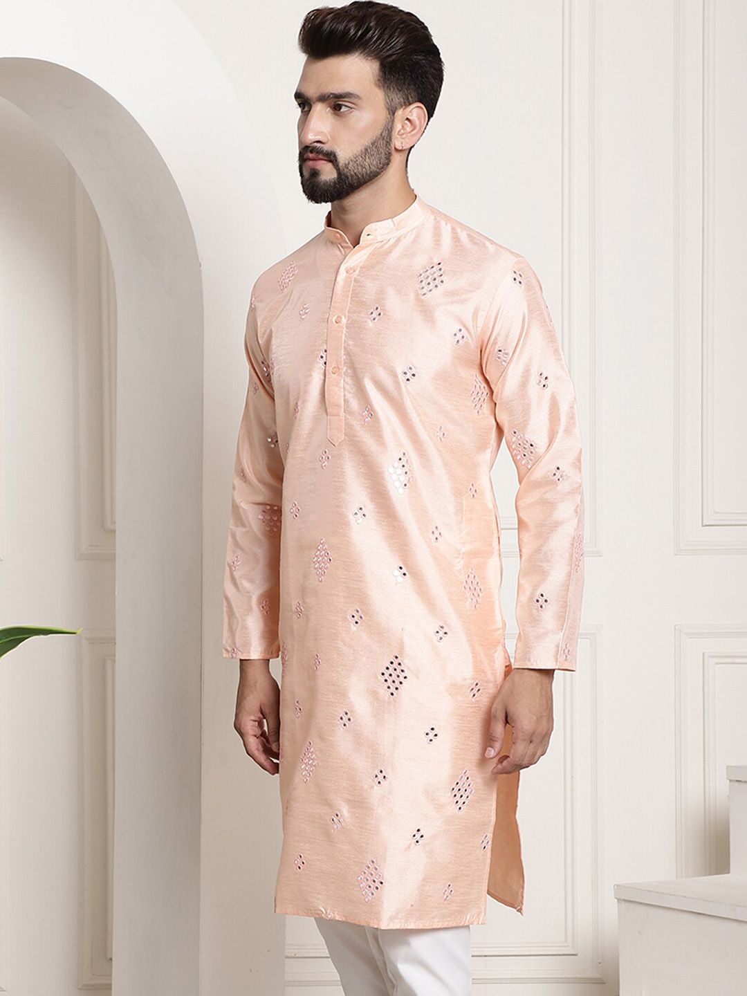 SOJANYA Band Collar Woven Design Kurta