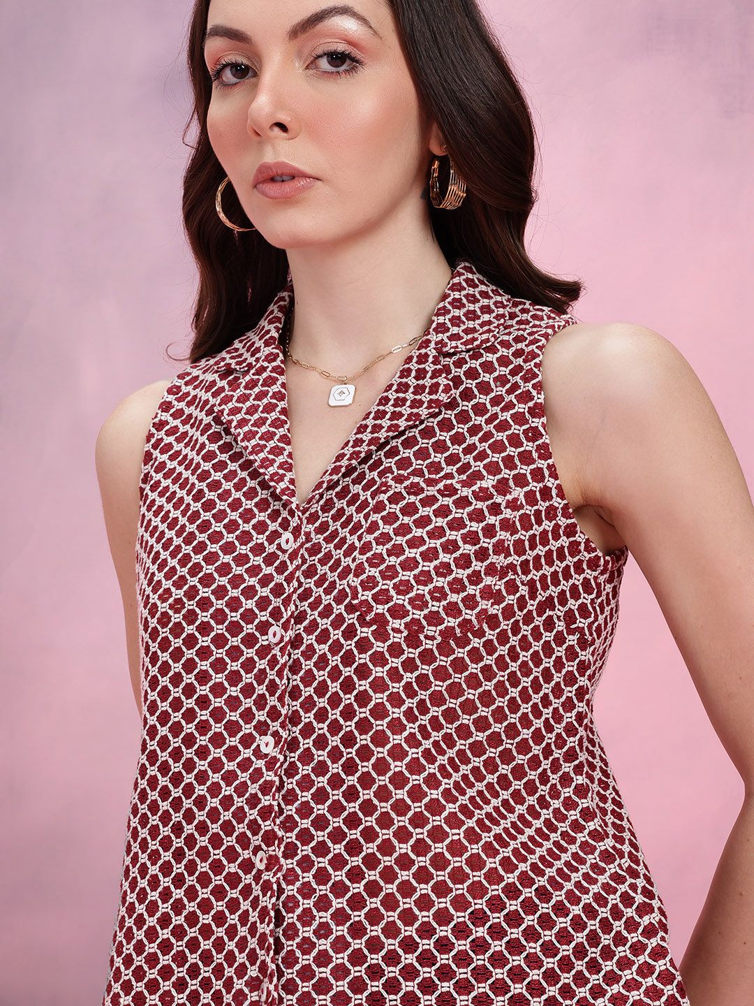 DressBerry Geometric Self-Design Cuban Collar Crochet Semi-Sheer Casual Shirt