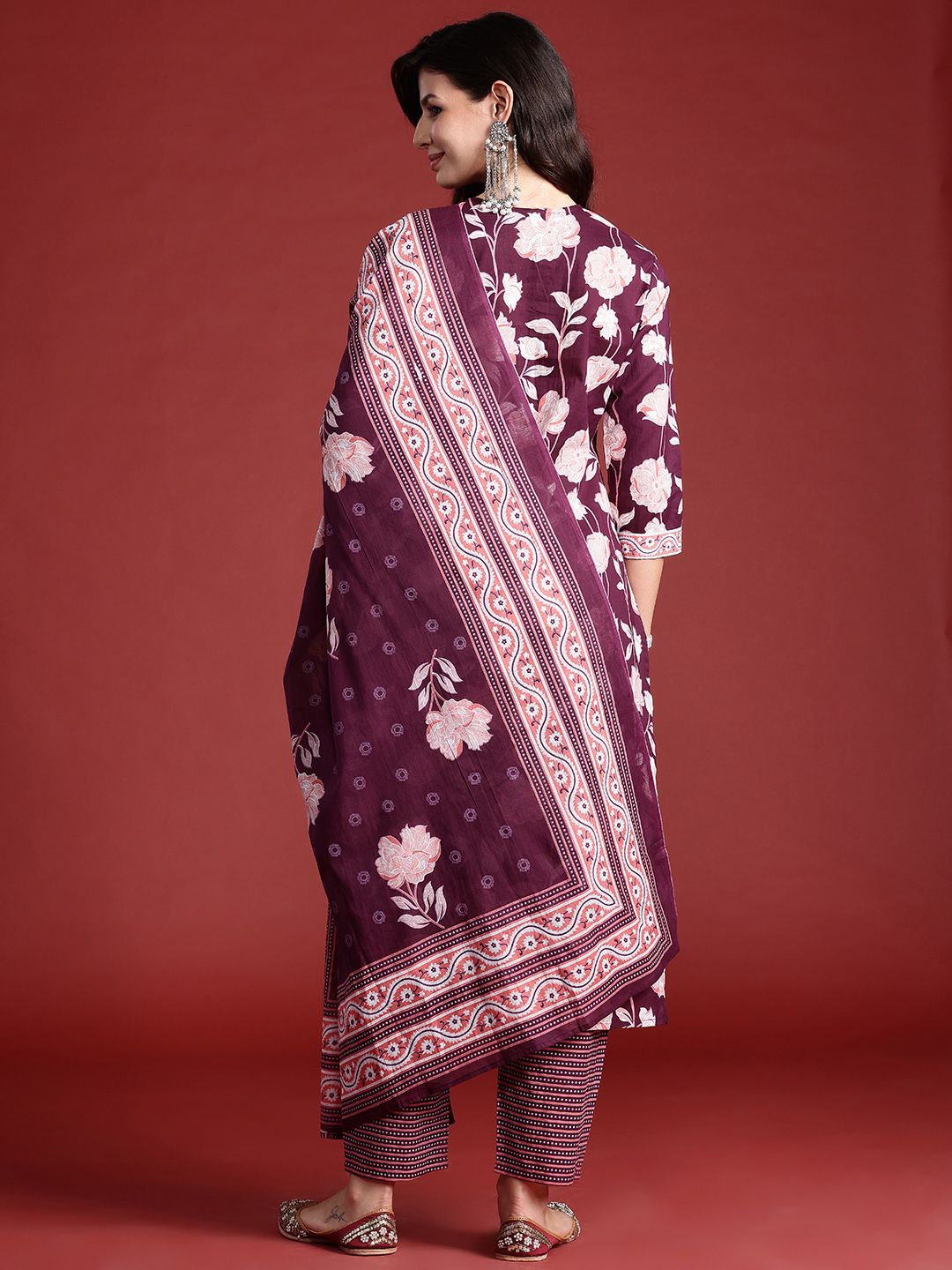 Indo Era Floral Printed Pure Cotton Kurta With Trousers & Dupatta