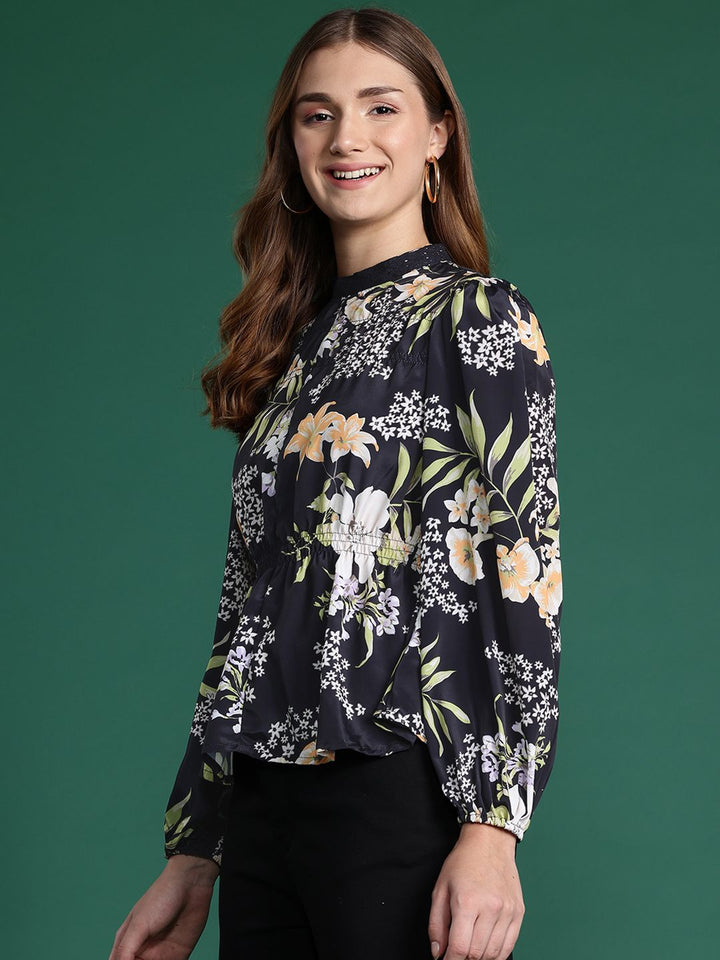 DressBerry Floral Print Puff Sleeves A-Line Top With Lace-Insert Detailing