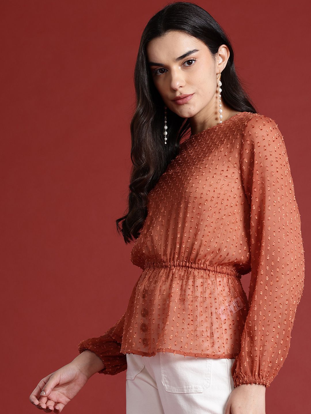 all about you Puff Sleeves Semi-Sheer Cinched Waist Top
