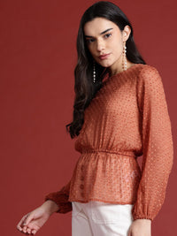 all about you Puff Sleeves Semi-Sheer Cinched Waist Top