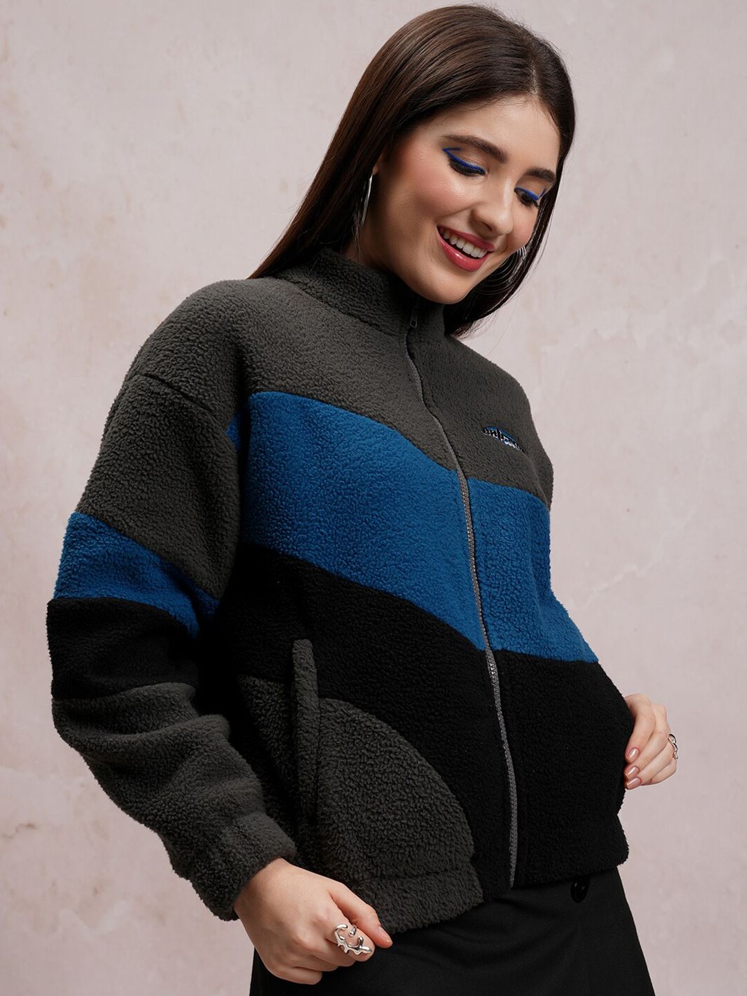 Tokyo Talkies Grey Colourblocked Mock Collar Front-Open Sweatshirt