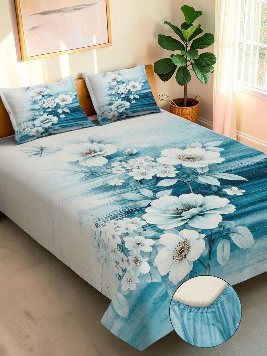 Moda Rapido X KLOTTHE Biru & Putih Bunga 400 TC Cadar King dengan 2 Sarung Bantal