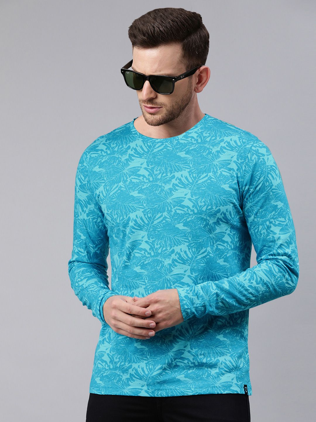 Urbano Fashion Men Turquoise Blue Floral Printed Tropical Slim Fit T-shirt