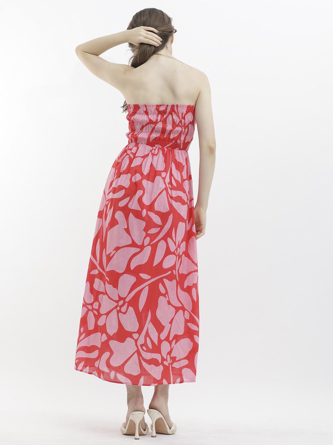RAREISM Floral Printed Strapless Sleeveless Smocked Maxi Dress