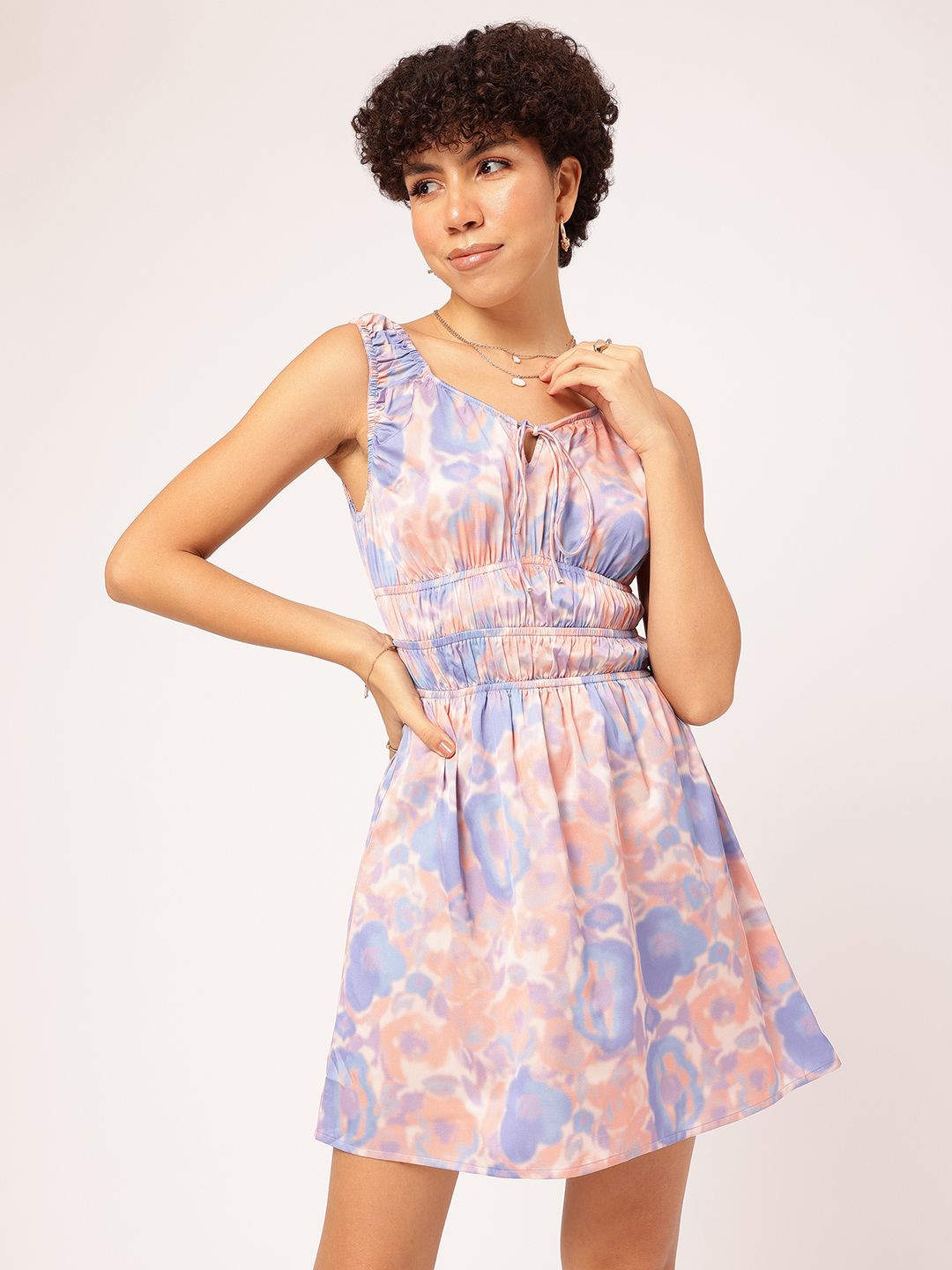 DressBerry Satin Swirl Tie and Dye Smocked A-line Mini Dress
