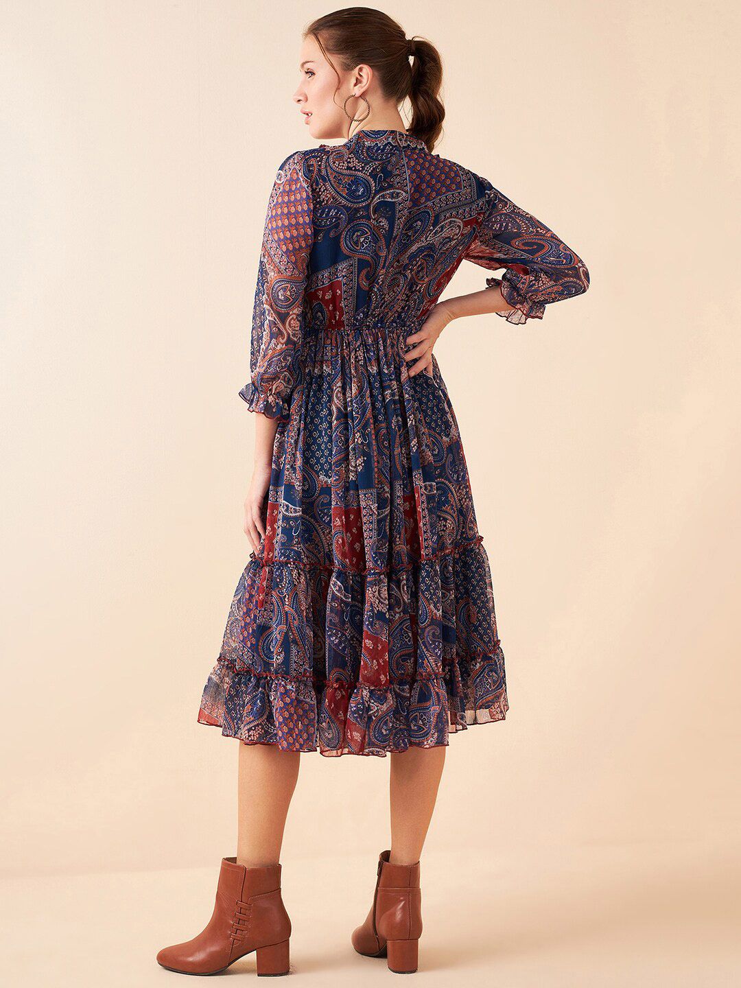 Antheaa Blue Floral Printed Puff Sleeves Chiffon Lace Inserts Tiered A-Line Midi Dress