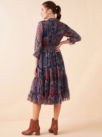 Antheaa Blue Floral Printed Puff Sleeves Chiffon Lace Inserts Tiered A-Line Midi Dress