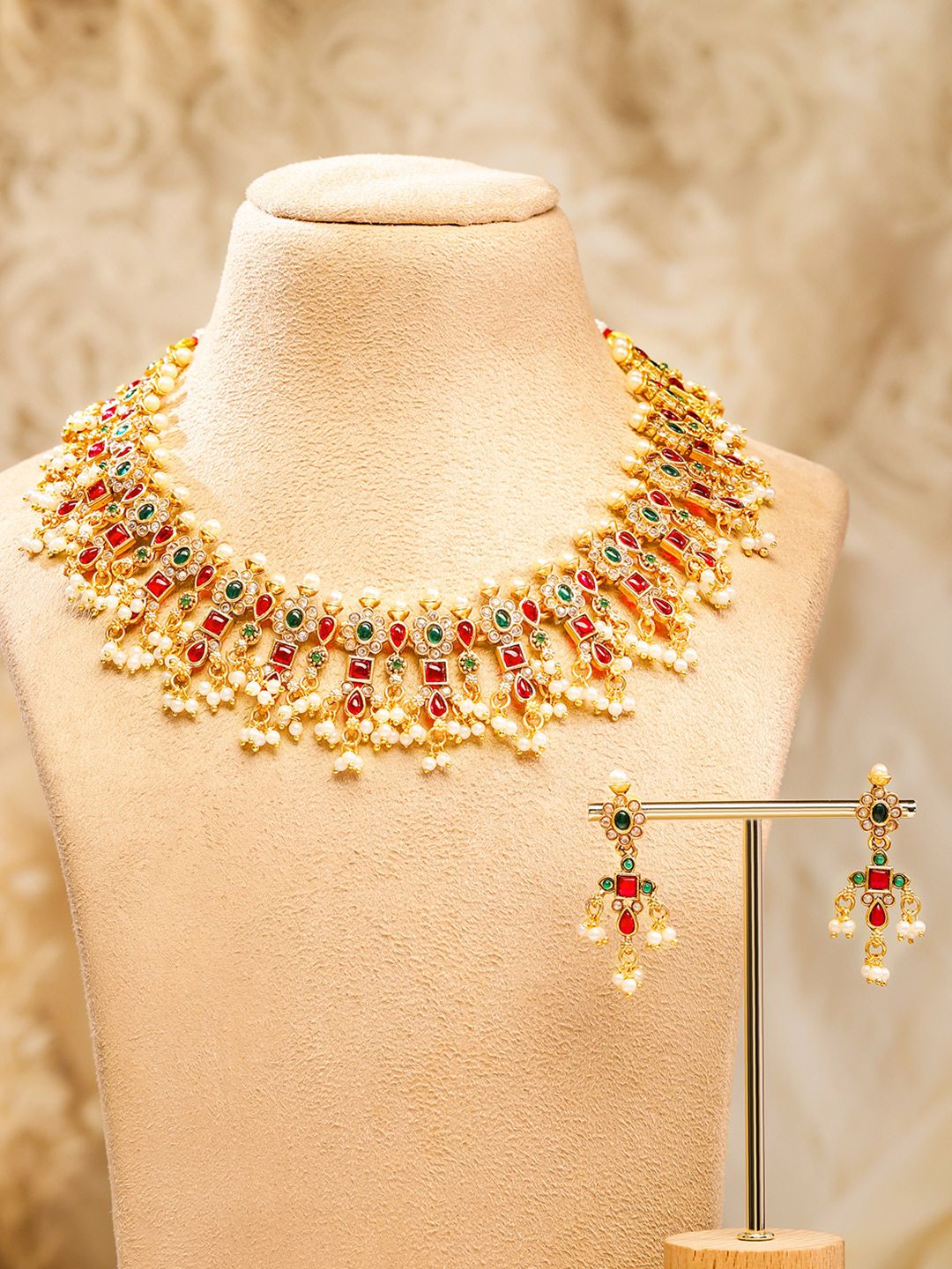 Rubans 24K Gold Plated Handcrafted Ruby & Emerald Studded & Pearl Beaded Jewellery Set