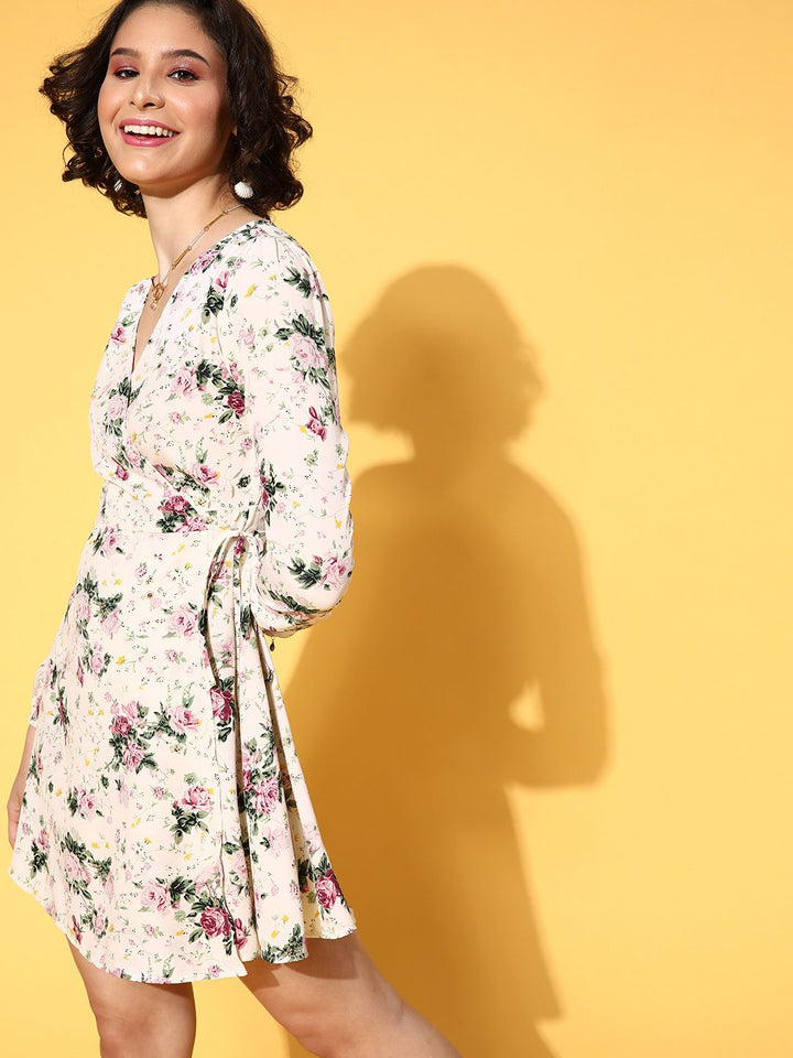 Berrylush Beige Floral Crepe Dress