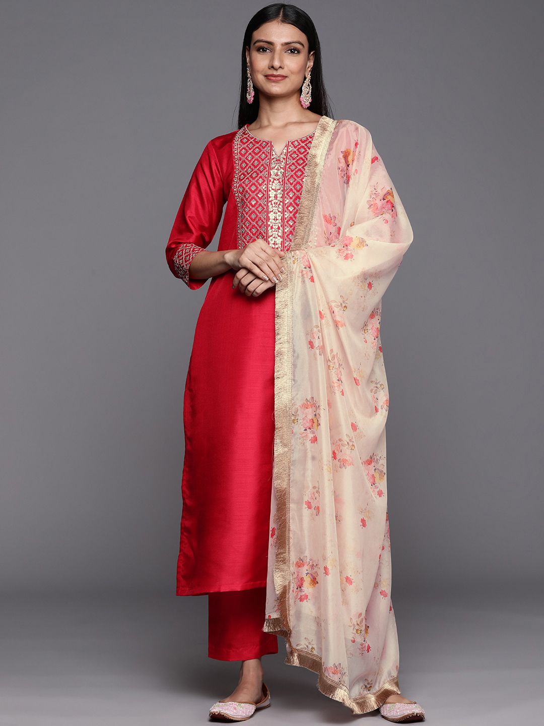 Varanga Women Pink Ethnic Motifs Embroidered Sequinned Kurta with Trousers & With Dupatta